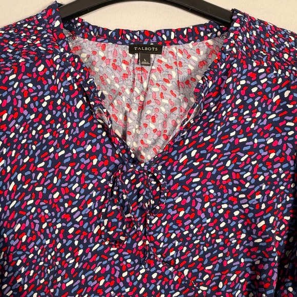 Talbots Blouse Women's Large Blue Pink Purple Long Sleeve‎ Top Large Tie Stretch - Picture 2 of 5